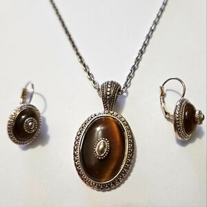Vintage Tiger's Eye Pendant Necklace and Earrings